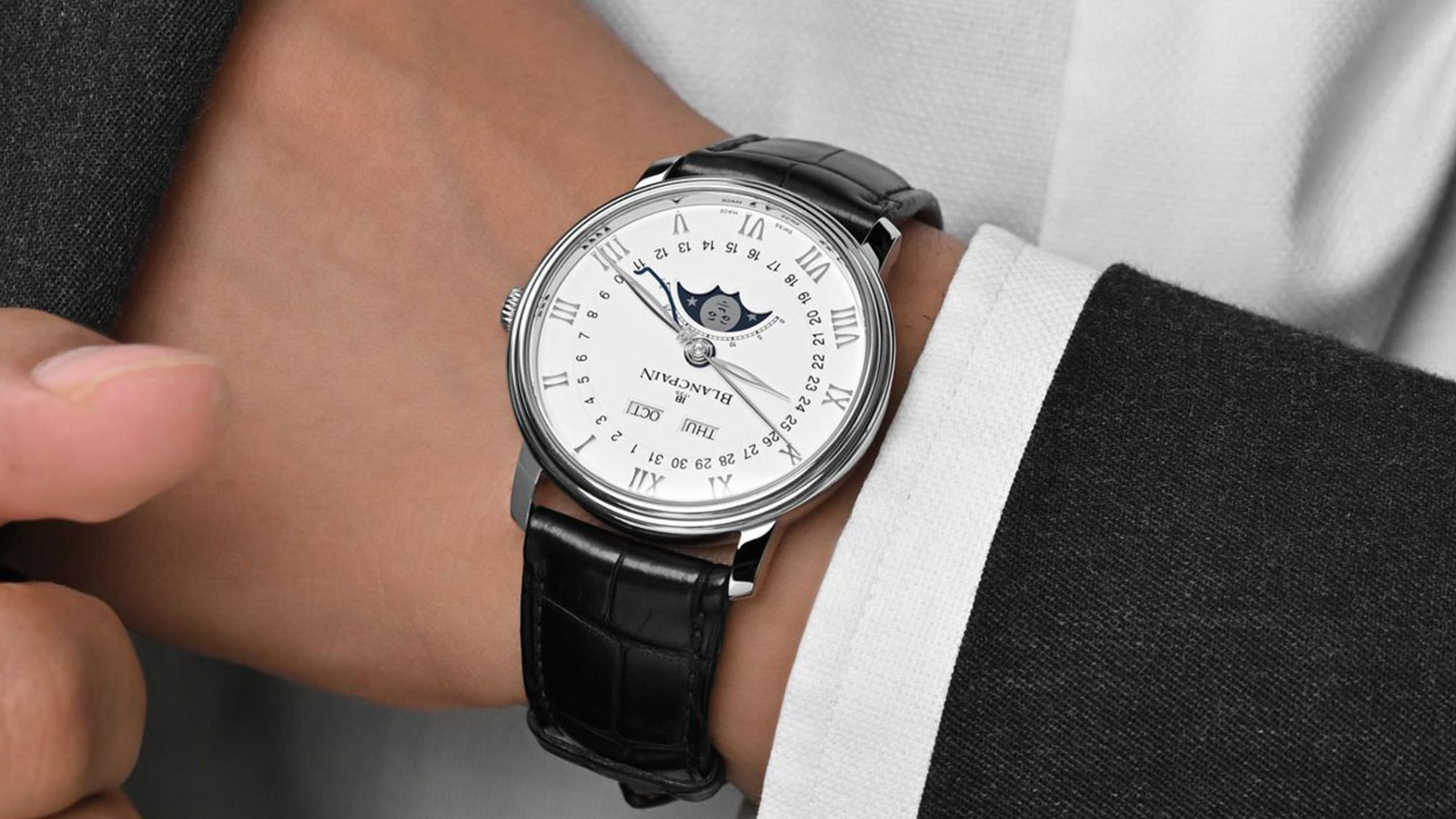 Blancpain Villeret Quantième Complet luxury dress watch with complete calendar and moon phase worn on the wrist